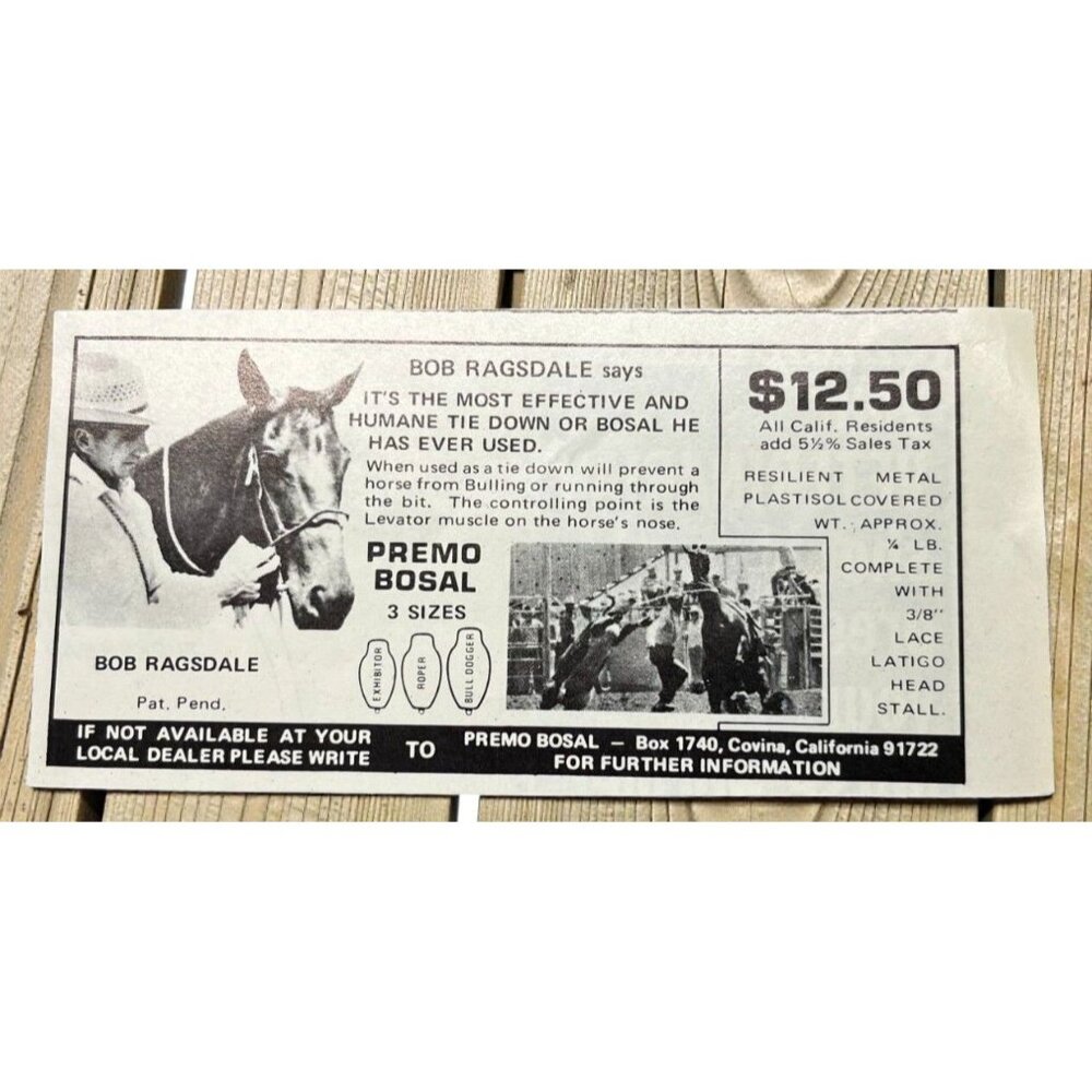 Bob Ragsdale Premo Bosal Vintage Print Ad 1970s Western Horse Tack Covina CA
